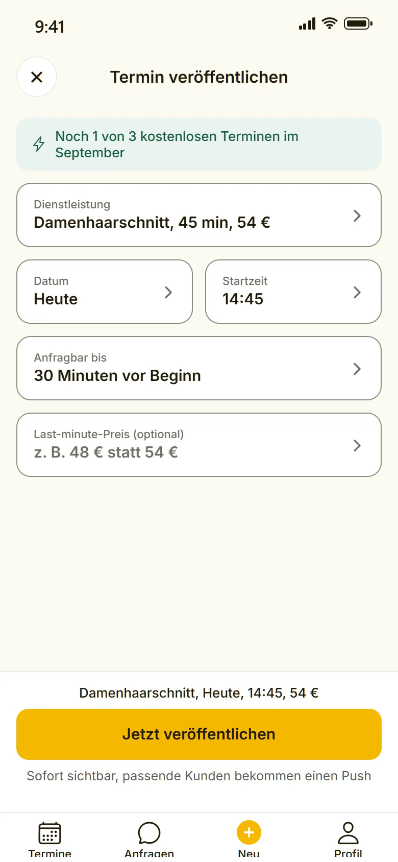 App-Screen Termin veröffentlichen: Dienstleistung Damenhaarschnitt mit 45 Minuten und 54 Euro vorbelegt, Datum heute, Startzeit 14:45, anfragbar bis 30 Minuten vor Beginn